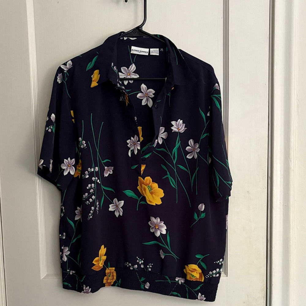 Alfred Dunner Navy Floral Button Down Shirt